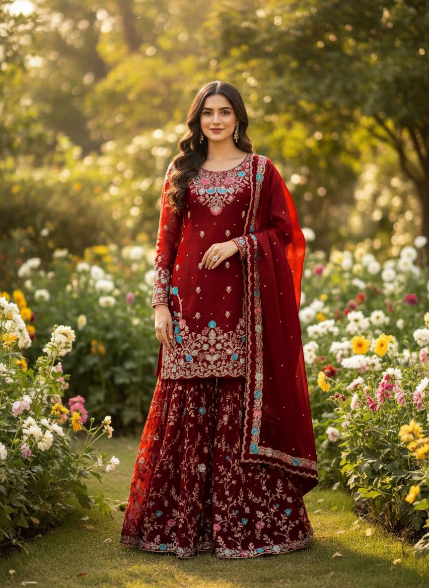 Raavya Silk Kurta Sharara Set with Thread Sequins & Rivet Moti Work