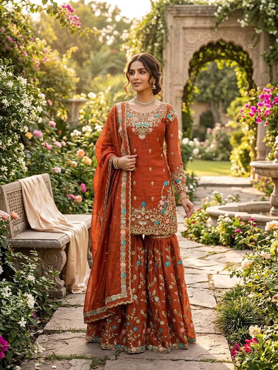 Raavya Silk Kurta Sharara Set with Thread Sequins & Rivet Moti Work