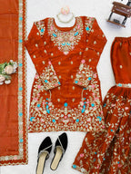 Raavya Silk Kurta Sharara Set with Thread Sequins & Rivet Moti Work