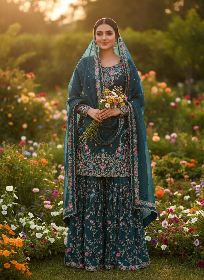 Raavya Silk Kurta Sharara Set with Thread Sequins & Rivet Moti Work