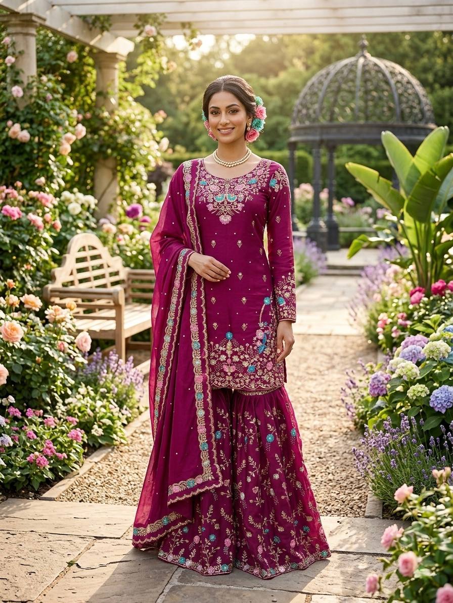 Raavya Silk Kurta Sharara Set with Thread Sequins & Rivet Moti Work
