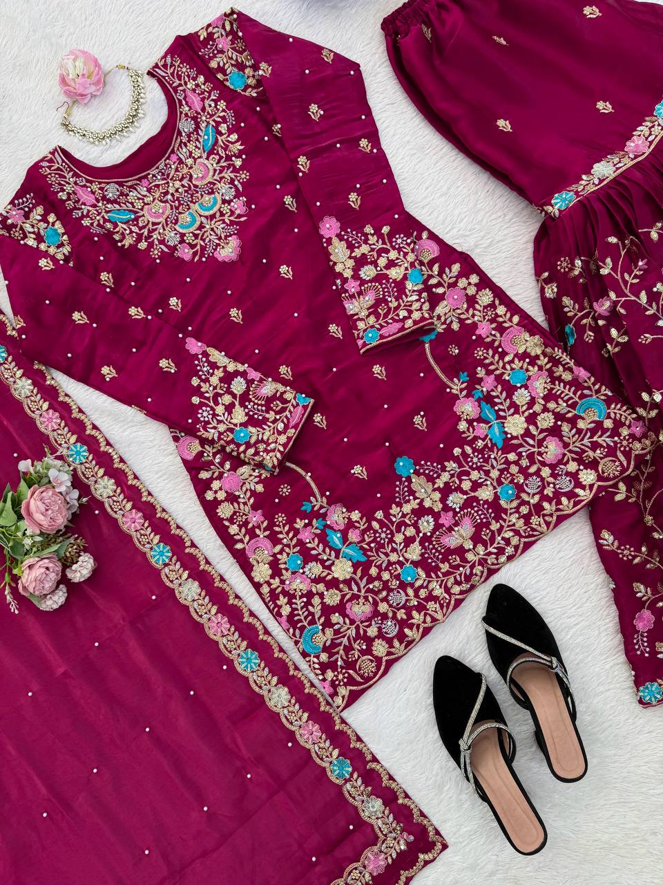 Raavya Silk Kurta Sharara Set with Thread Sequins & Rivet Moti Work