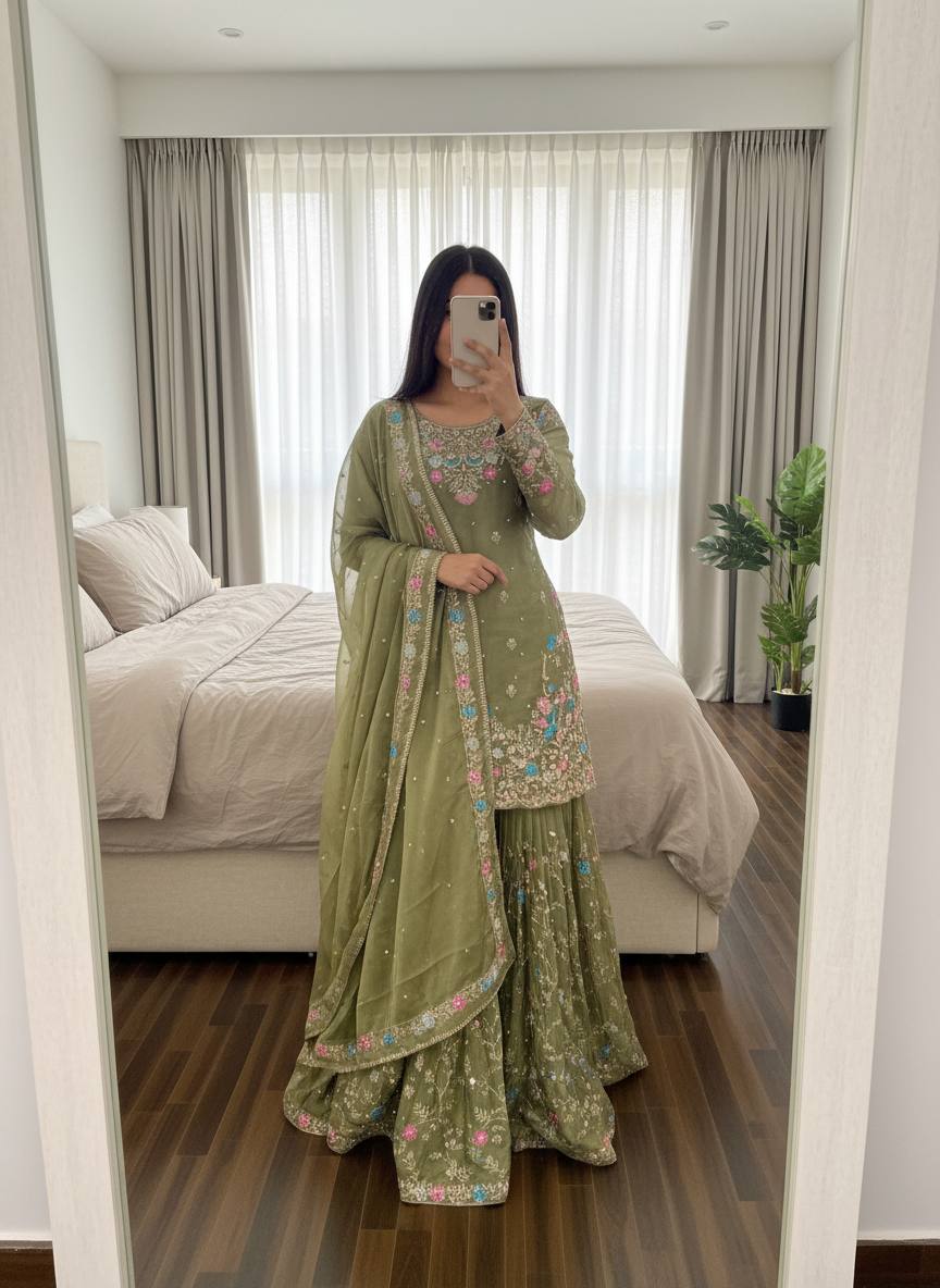 Raavya Silk Kurta Sharara Set with Thread Sequins & Rivet Moti Work