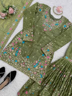 Raavya Silk Kurta Sharara Set with Thread Sequins & Rivet Moti Work