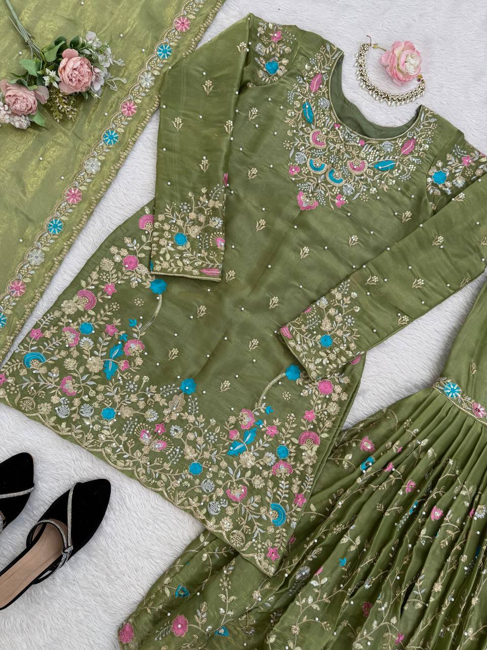 Raavya Silk Kurta Sharara Set with Thread Sequins & Rivet Moti Work