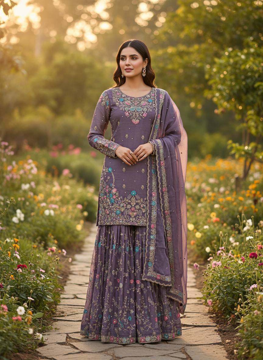 Raavya Silk Kurta Sharara Set with Thread Sequins & Rivet Moti Work