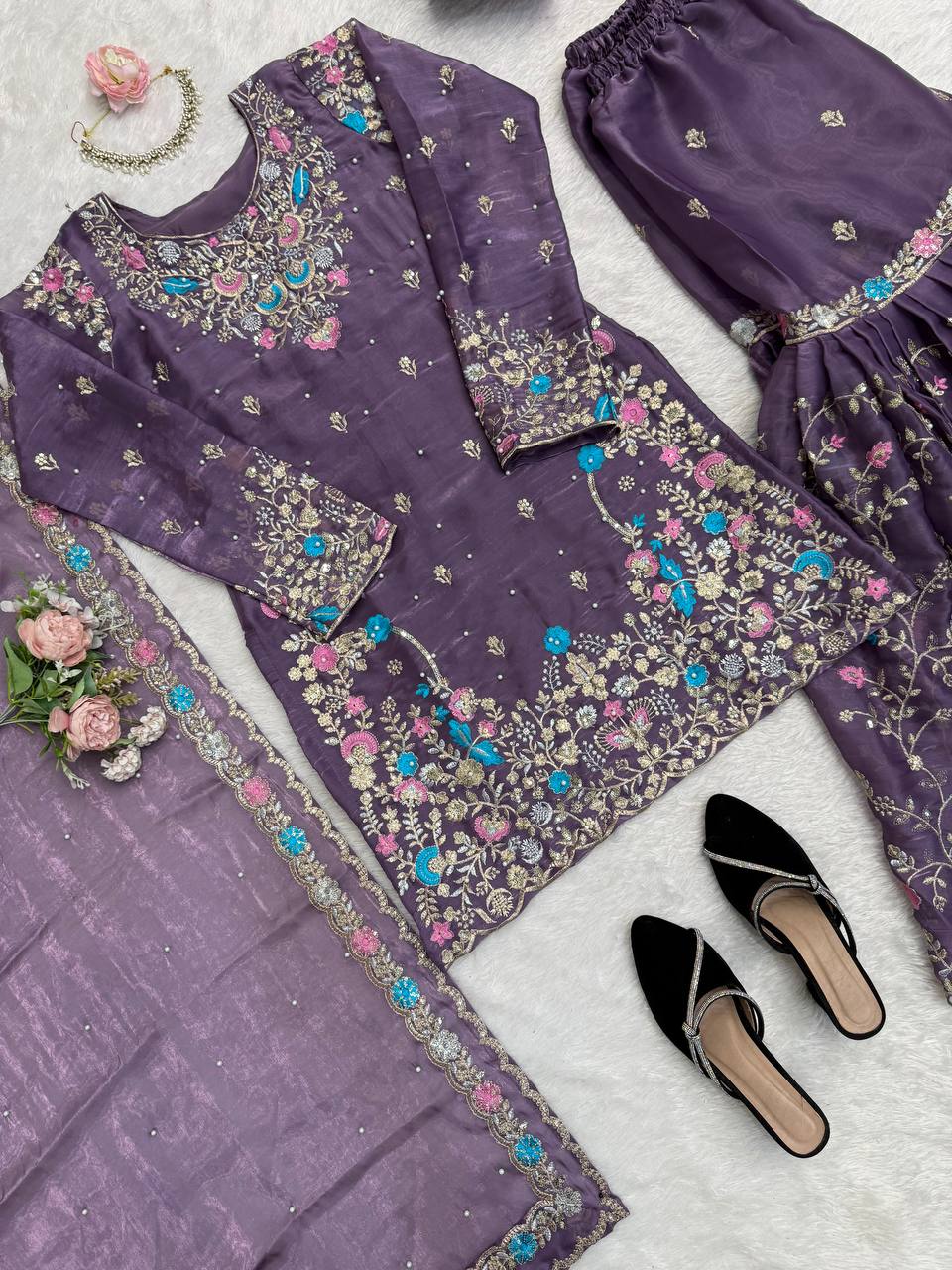 Raavya Silk Kurta Sharara Set with Thread Sequins & Rivet Moti Work