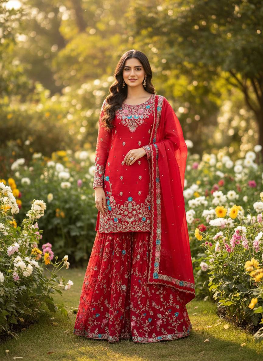 Raavya Silk Kurta Sharara Set with Thread Sequins & Rivet Moti Work