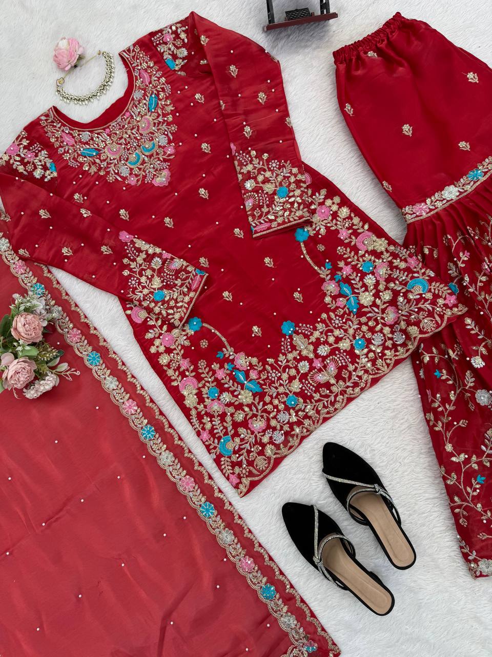 Raavya Silk Kurta Sharara Set with Thread Sequins & Rivet Moti Work
