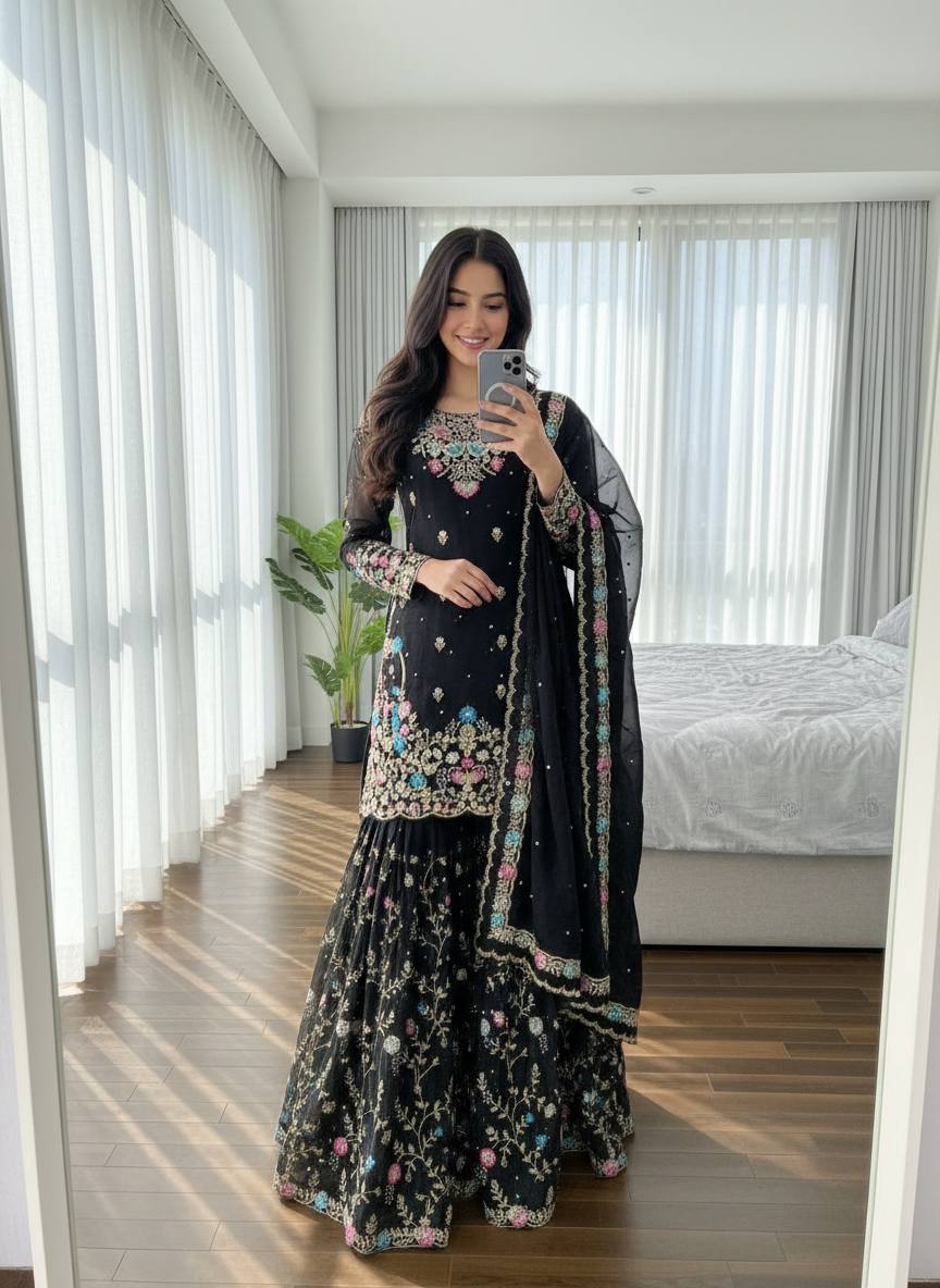 Raavya Silk Kurta Sharara Set with Thread Sequins & Rivet Moti Work