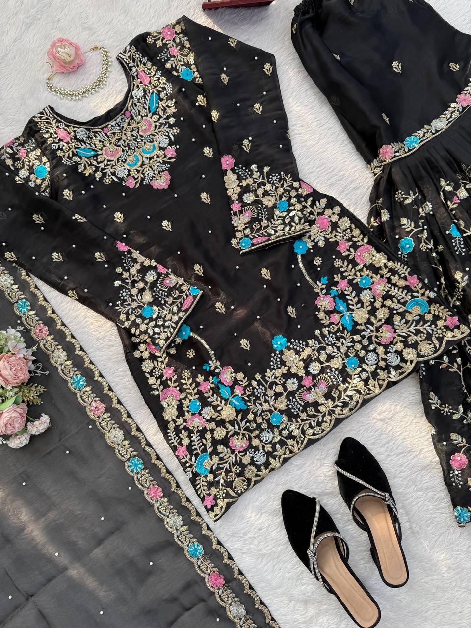 Raavya Silk Kurta Sharara Set with Thread Sequins & Rivet Moti Work
