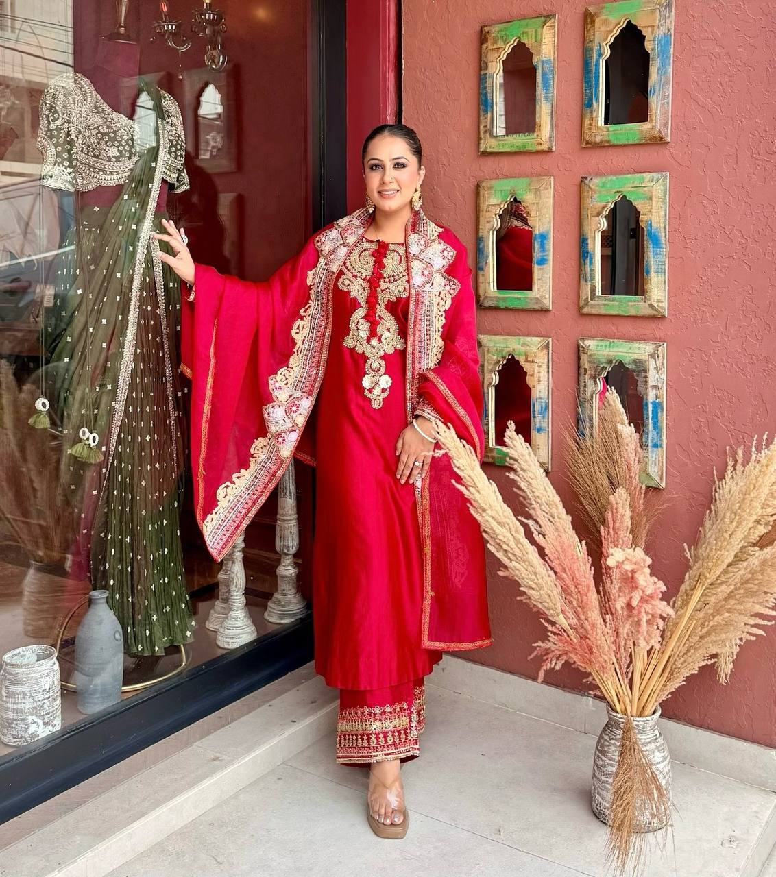 Aarvisha Roman Beads Neck & Sequins Embroidered Palazzo Suit with Dupatta
