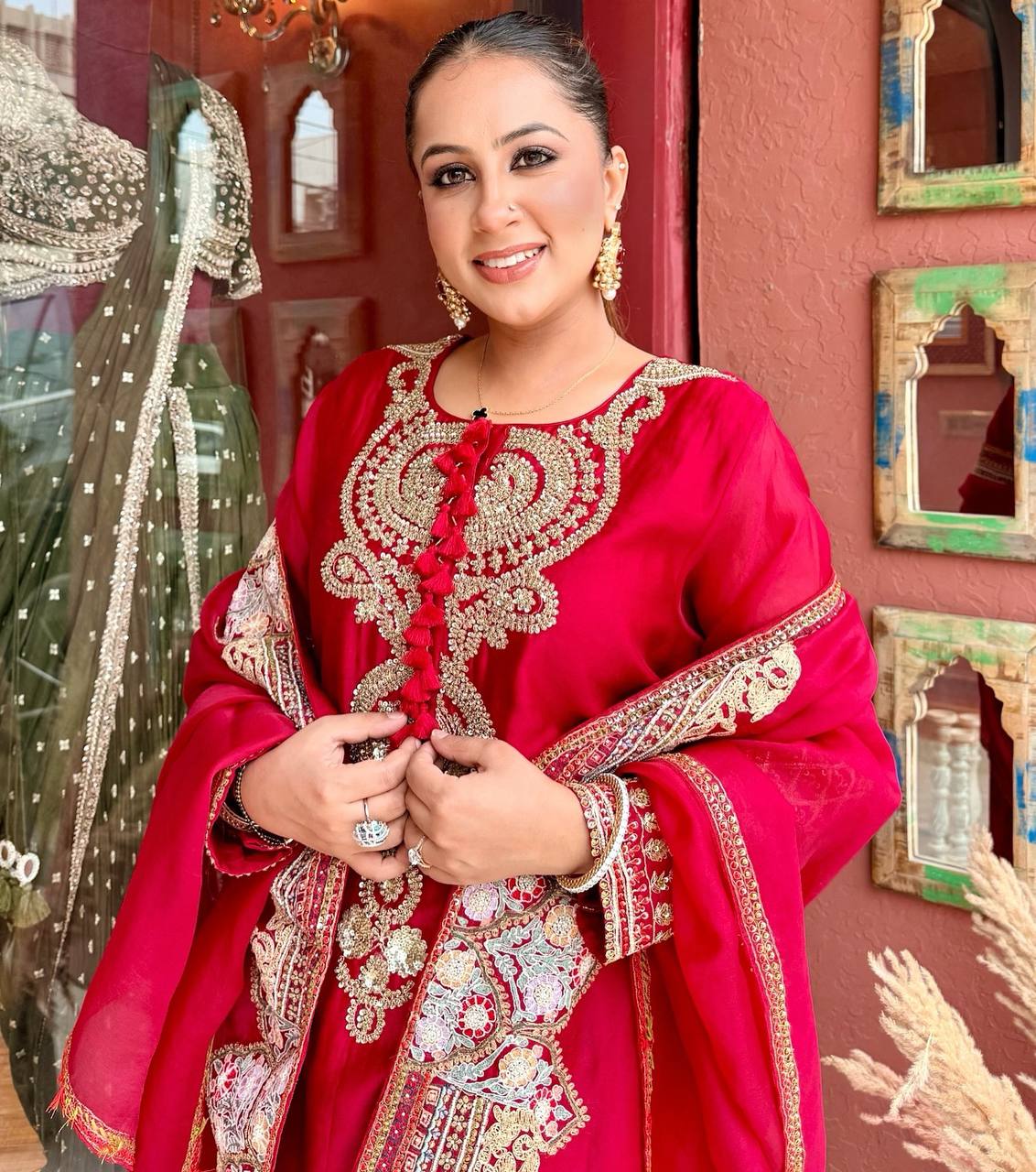 Aarvisha Roman Beads Neck & Sequins Embroidered Palazzo Suit with Dupatta
