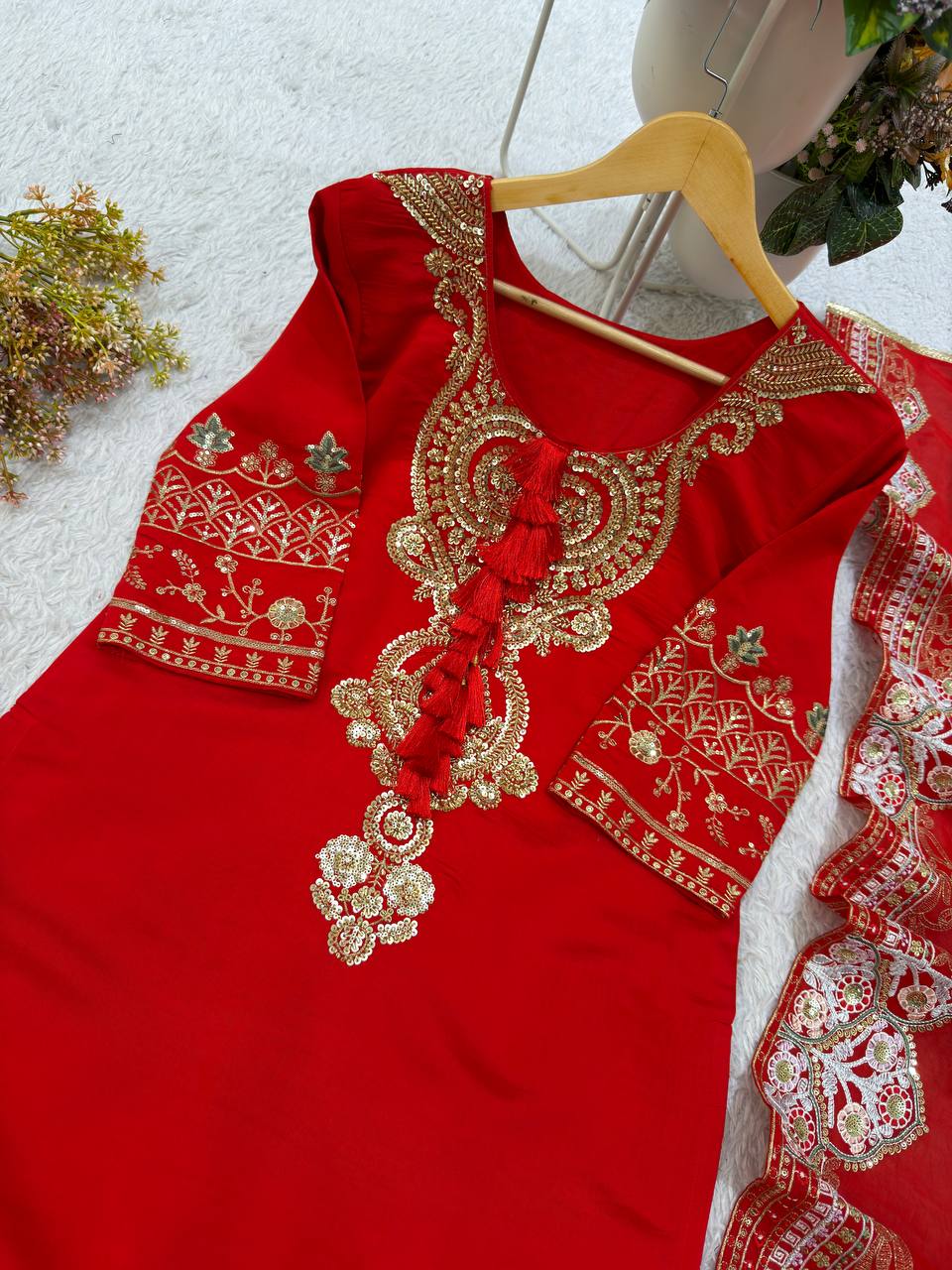 Aarvisha Roman Beads Neck & Sequins Embroidered Palazzo Suit with Dupatta