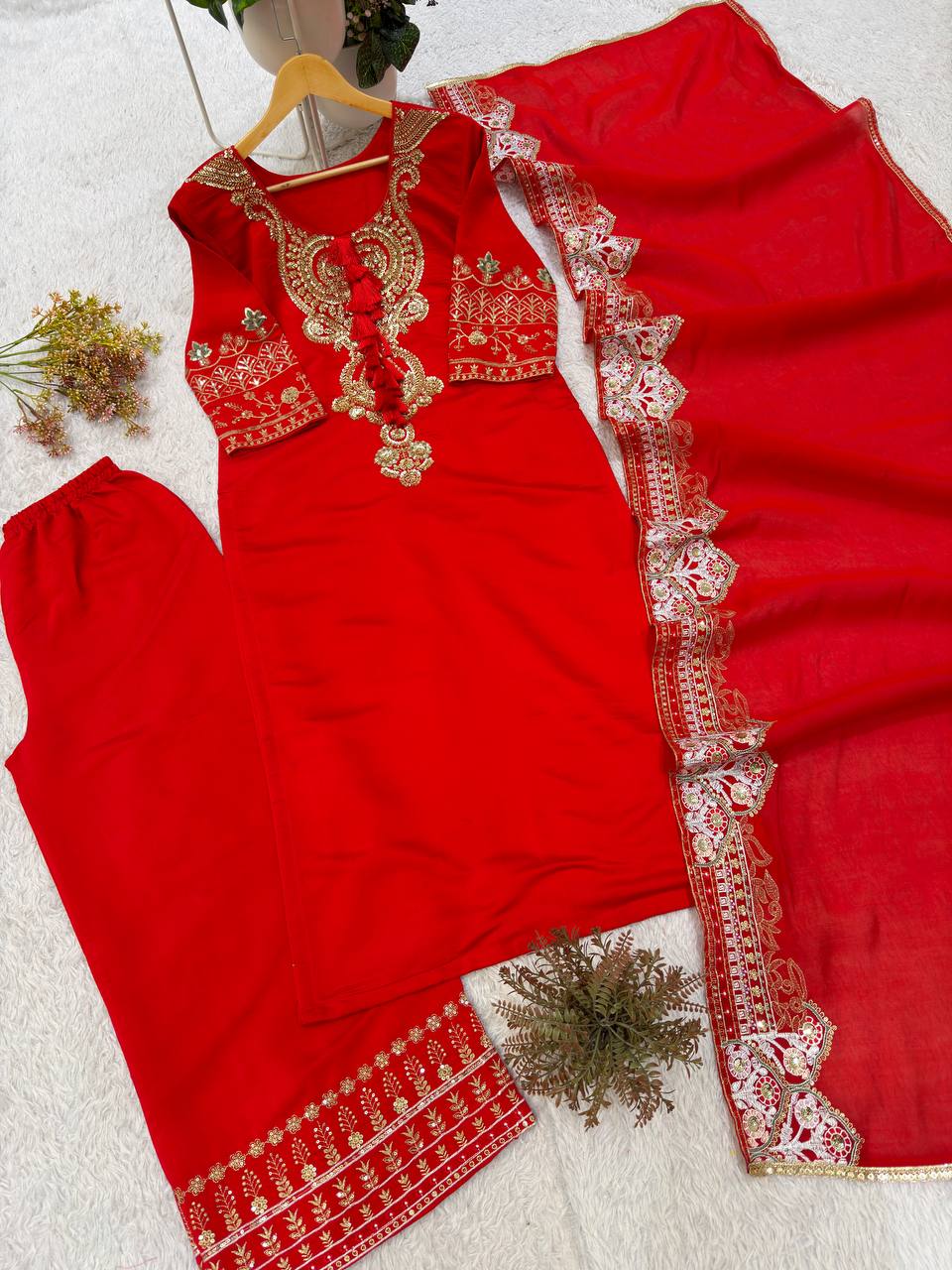 Aarvisha Roman Beads Neck & Sequins Embroidered Palazzo Suit with Dupatta