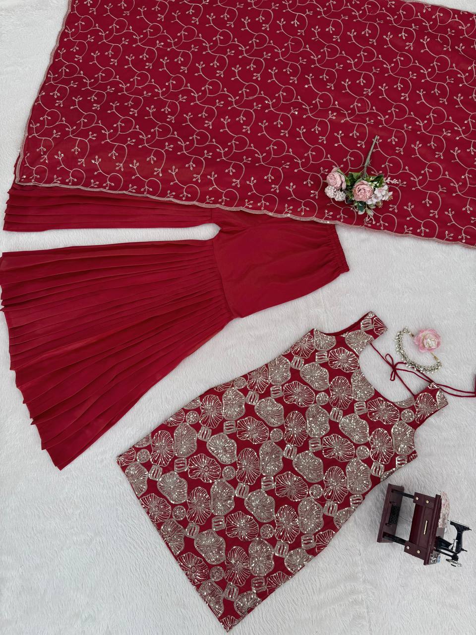 Tanirika Shimmer Silk Embroidered Kurti with Sharara & Lace Border Dupatta Set