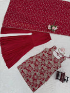 Tanirika Shimmer Silk Embroidered Kurti with Sharara & Lace Border Dupatta Set