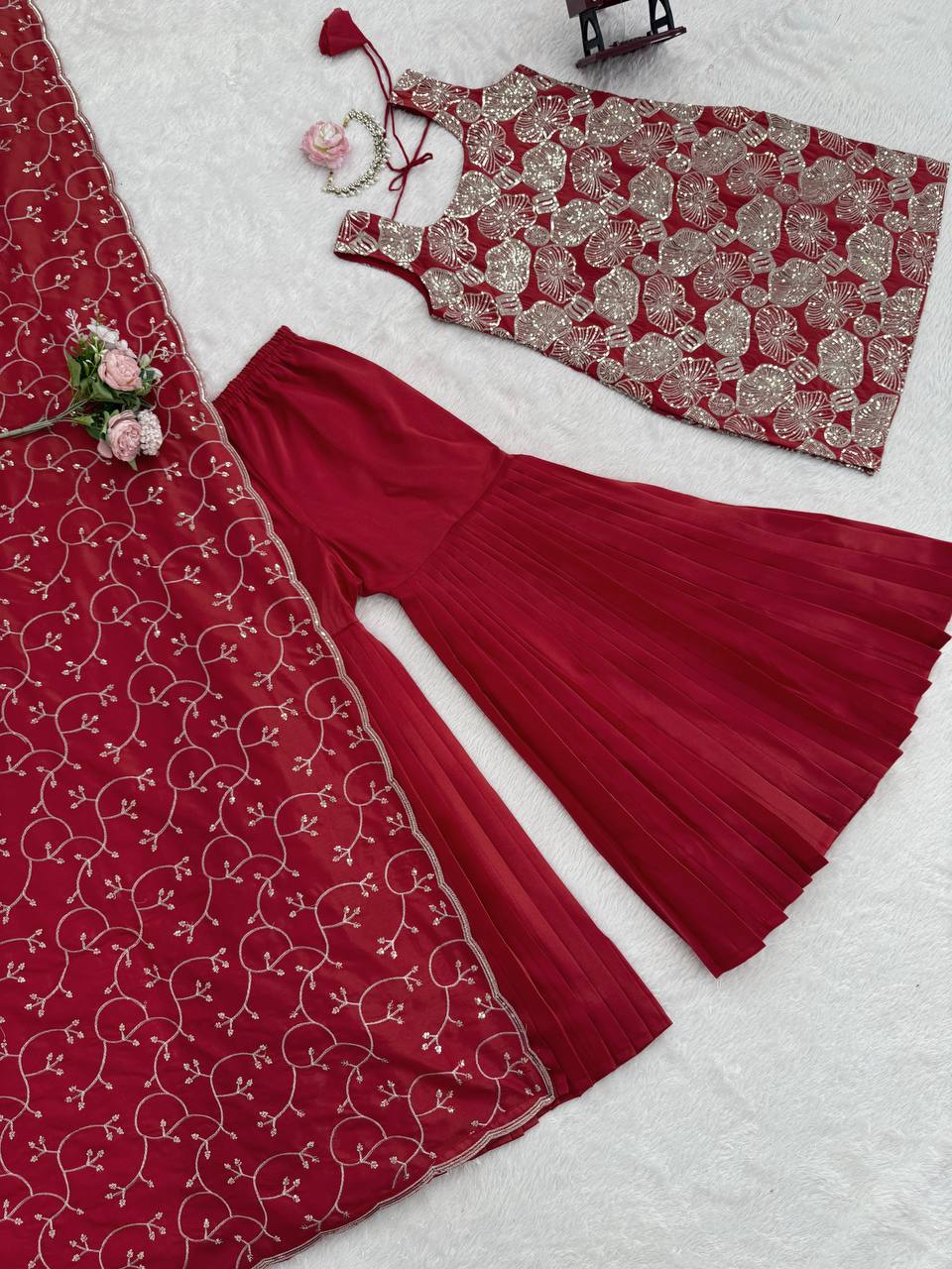 Tanirika Shimmer Silk Embroidered Kurti with Sharara & Lace Border Dupatta Set