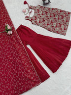Tanirika Shimmer Silk Embroidered Kurti with Sharara & Lace Border Dupatta Set