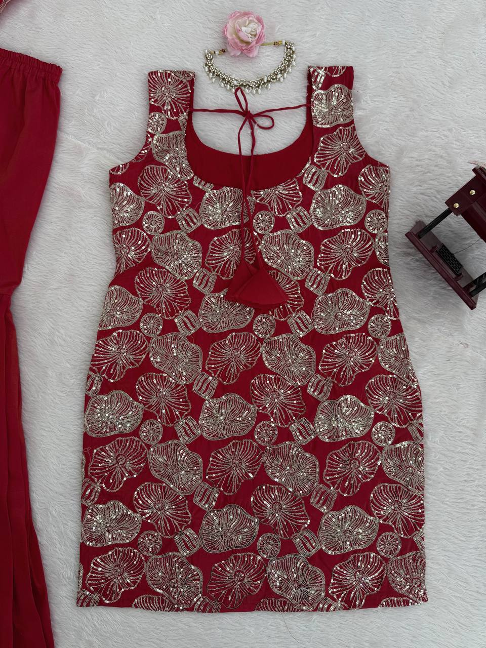 Tanirika Shimmer Silk Embroidered Kurti with Sharara & Lace Border Dupatta Set