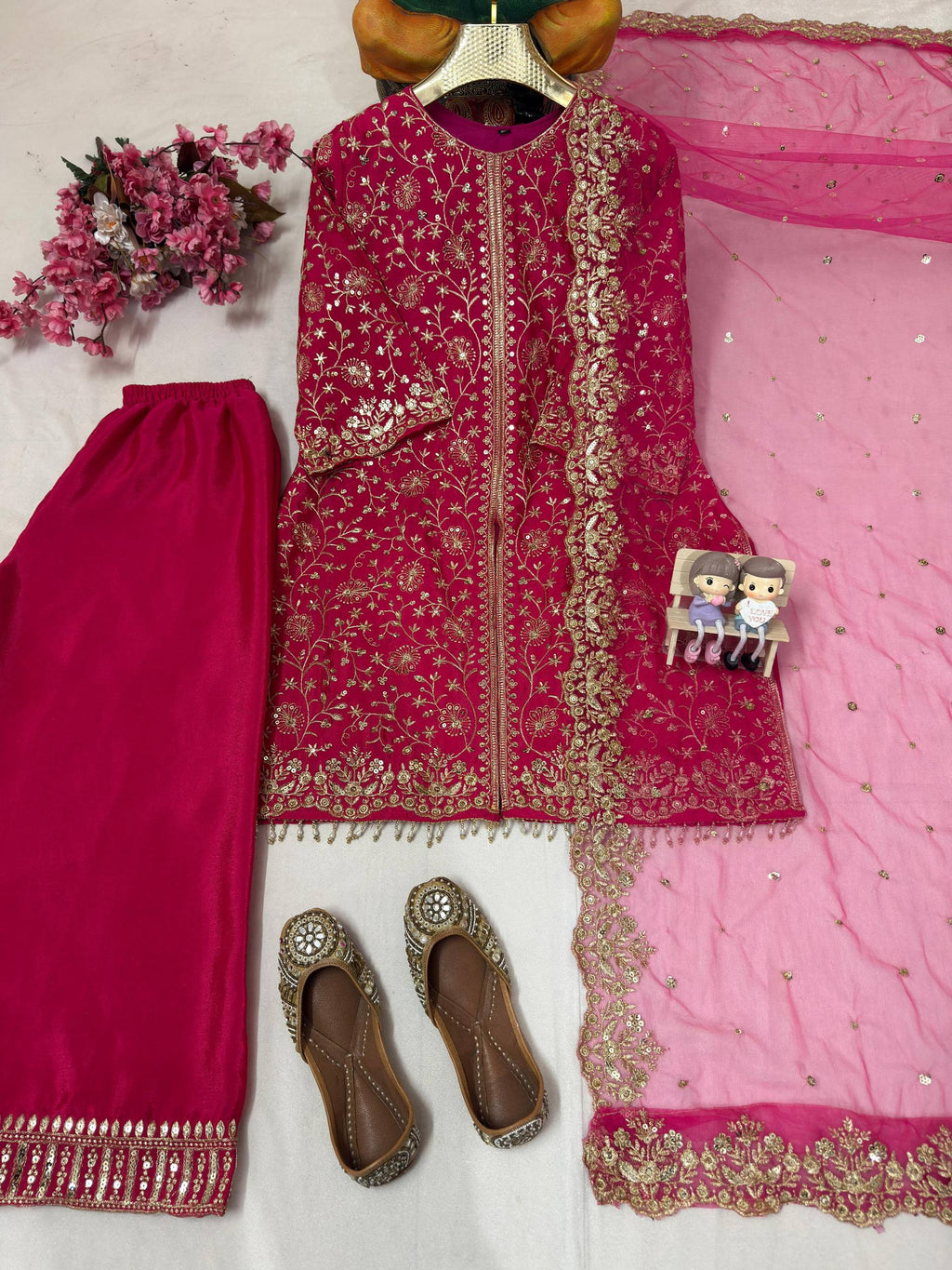 Myesha Heavy Chinon Silk 5mm Sequins & Zari Embroidered Kurti with Palazzo & Soft Net Dupatta