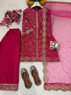 Myesha Heavy Chinon Silk 5mm Sequins & Zari Embroidered Kurti with Palazzo & Soft Net Dupatta