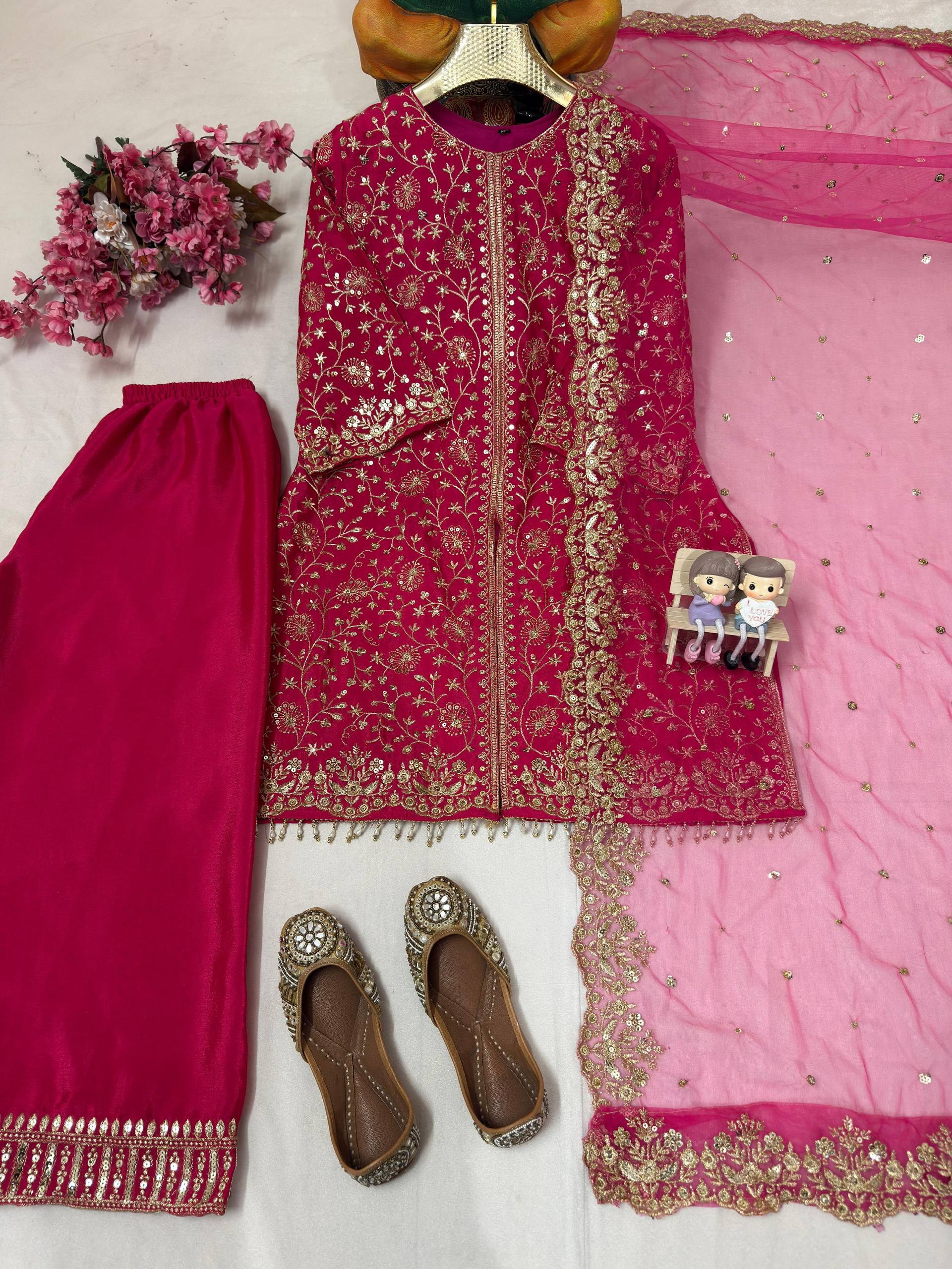 Myesha Heavy Chinon Silk 5mm Sequins & Zari Embroidered Kurti with Palazzo & Soft Net Dupatta