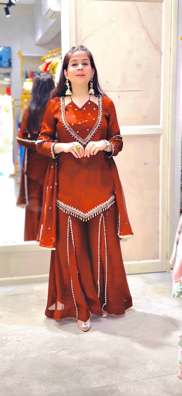 Zarelle Noor Designer Heavy Roman Glass Mirror Work Palazzo Suit Set with Chanderi Silk Moti Dupatta