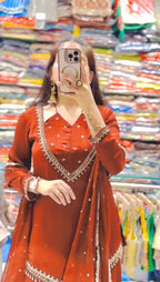Zarelle Noor Designer Heavy Roman Glass Mirror Work Palazzo Suit Set with Chanderi Silk Moti Dupatta