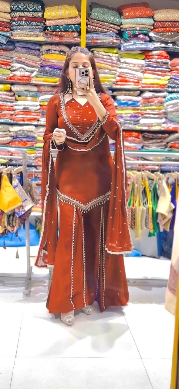 Zarelle Noor Designer Heavy Roman Glass Mirror Work Palazzo Suit Set with Chanderi Silk Moti Dupatta