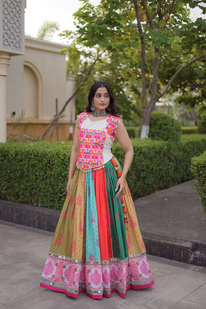 Meher Navratri Cotton Printed Lehenga Choli Set Real Mirror Lace Work Lehenga with Kutchi Gamthi Embroidered Kodi Lace Blouse Gujarati Garba Wear