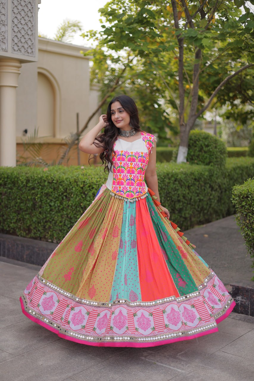 Meher Navratri Cotton Printed Lehenga Choli Set Real Mirror Lace Work Lehenga with Kutchi Gamthi Embroidered Kodi Lace Blouse Gujarati Garba Wear