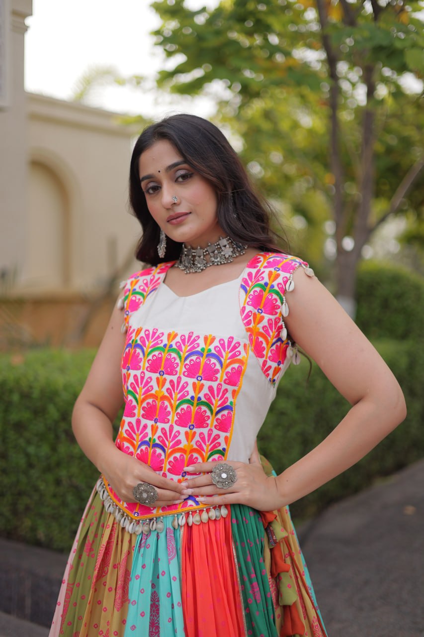 Meher Navratri Cotton Printed Lehenga Choli Set Real Mirror Lace Work Lehenga with Kutchi Gamthi Embroidered Kodi Lace Blouse Gujarati Garba Wear
