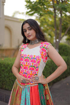 Meher Navratri Cotton Printed Lehenga Choli Set Real Mirror Lace Work Lehenga with Kutchi Gamthi Embroidered Kodi Lace Blouse Gujarati Garba Wear