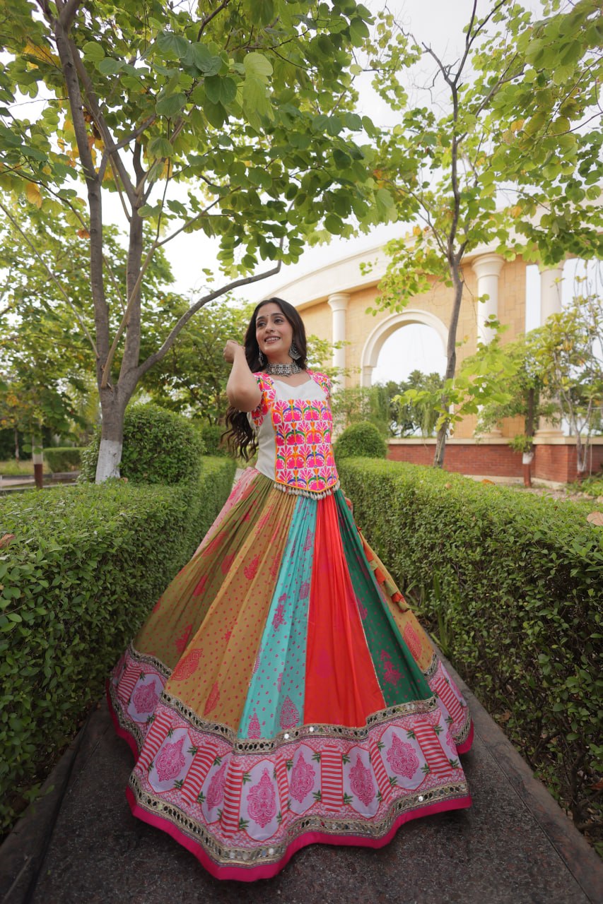 Meher Navratri Cotton Printed Lehenga Choli Set Real Mirror Lace Work Lehenga with Kutchi Gamthi Embroidered Kodi Lace Blouse Gujarati Garba Wear