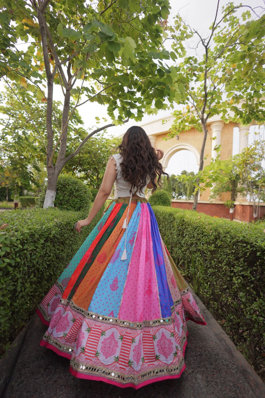 Meher Navratri Cotton Printed Lehenga Choli Set Real Mirror Lace Work Lehenga with Kutchi Gamthi Embroidered Kodi Lace Blouse Gujarati Garba Wear