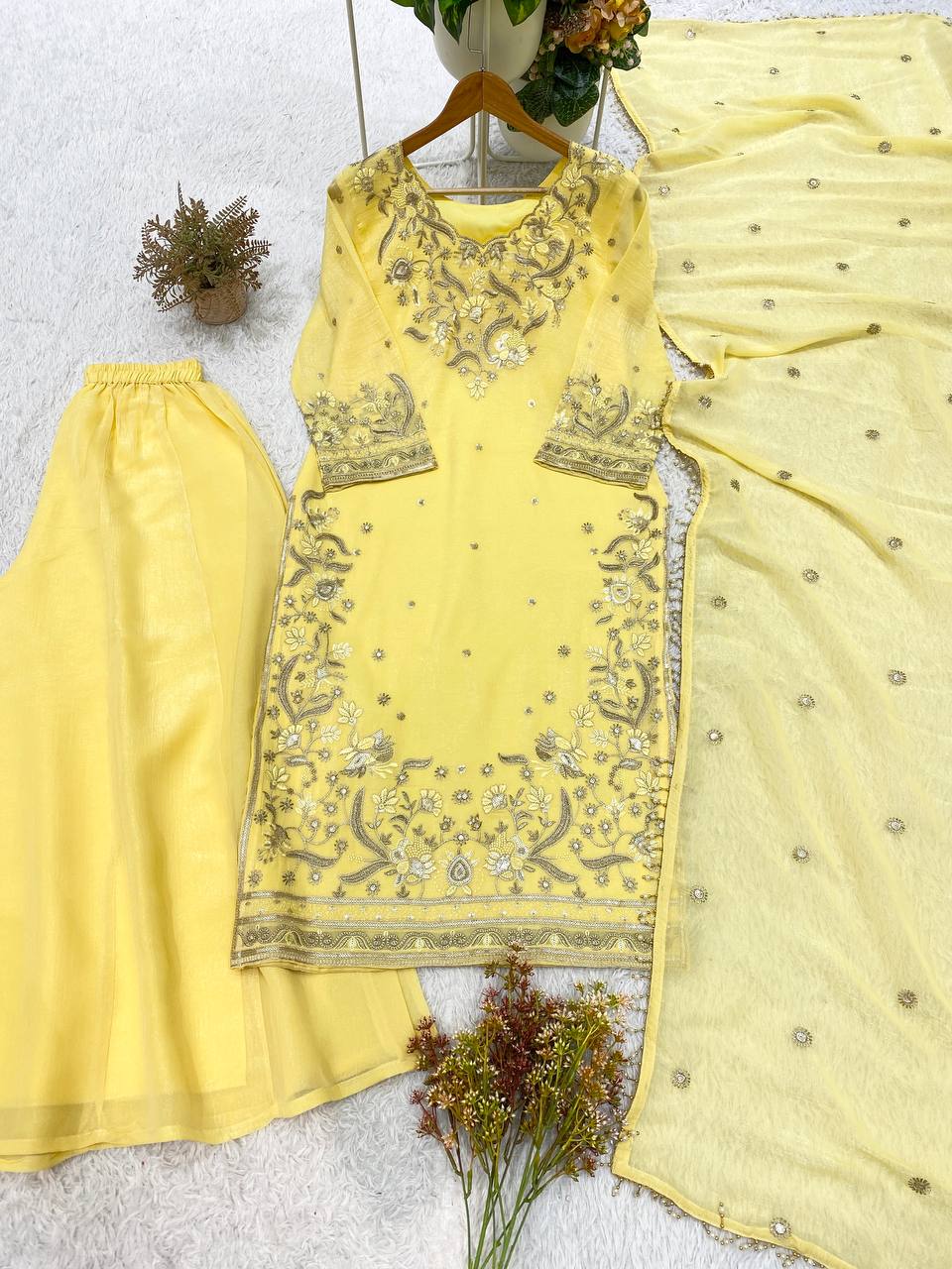 Meherika Crunchy Fabric Sequin Embroidered Top Palazzo Set with Matching Dupatta