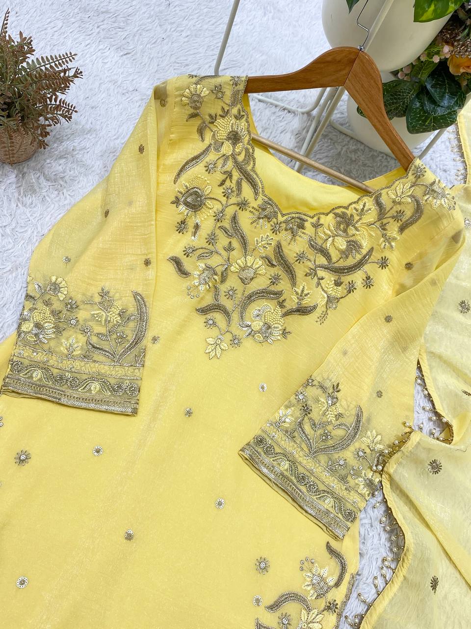 Meherika Crunchy Fabric Sequin Embroidered Top Palazzo Set with Matching Dupatta