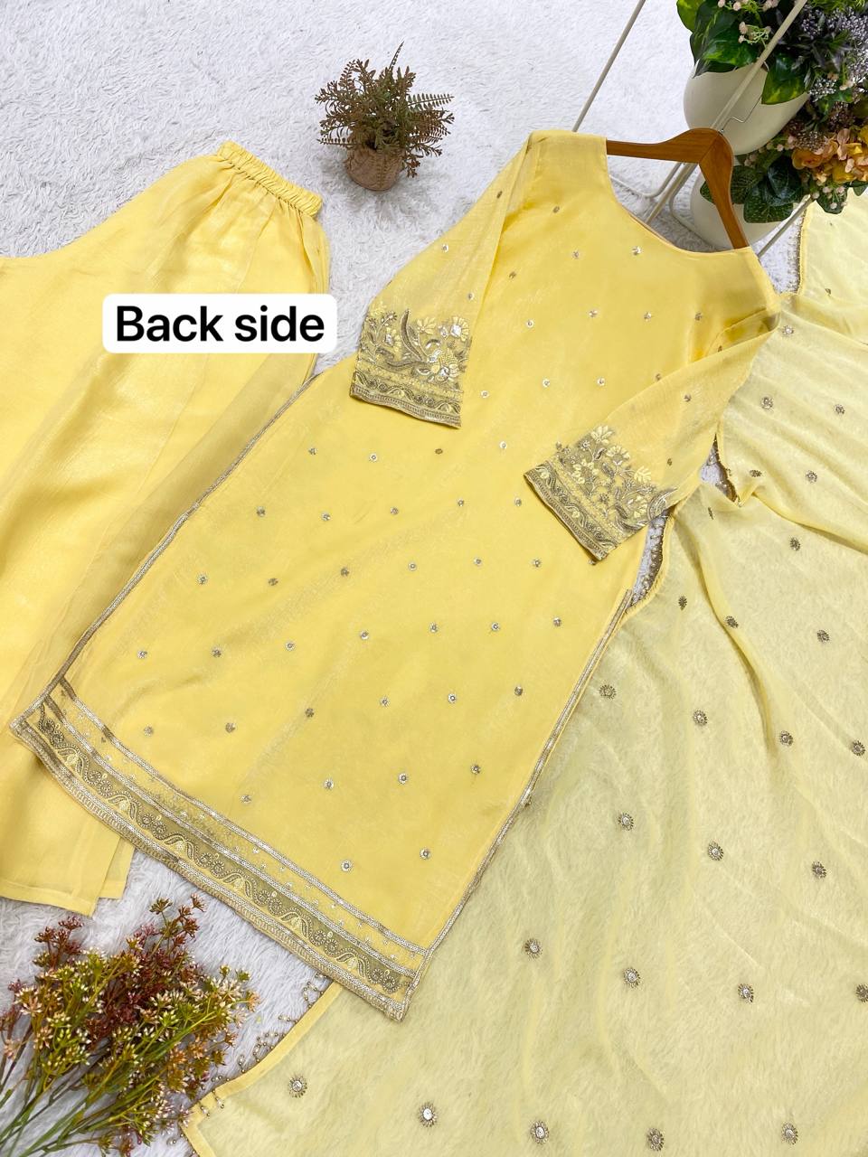Meherika Crunchy Fabric Sequin Embroidered Top Palazzo Set with Matching Dupatta