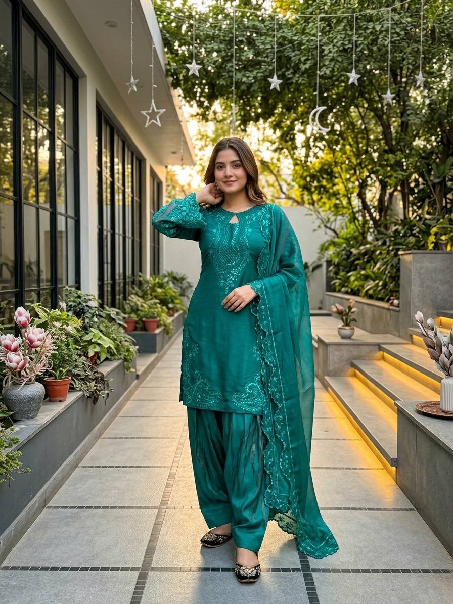 Iraaya Roman Glass Sequins Embroidered Palazzo Suit with Georgette Dupatta