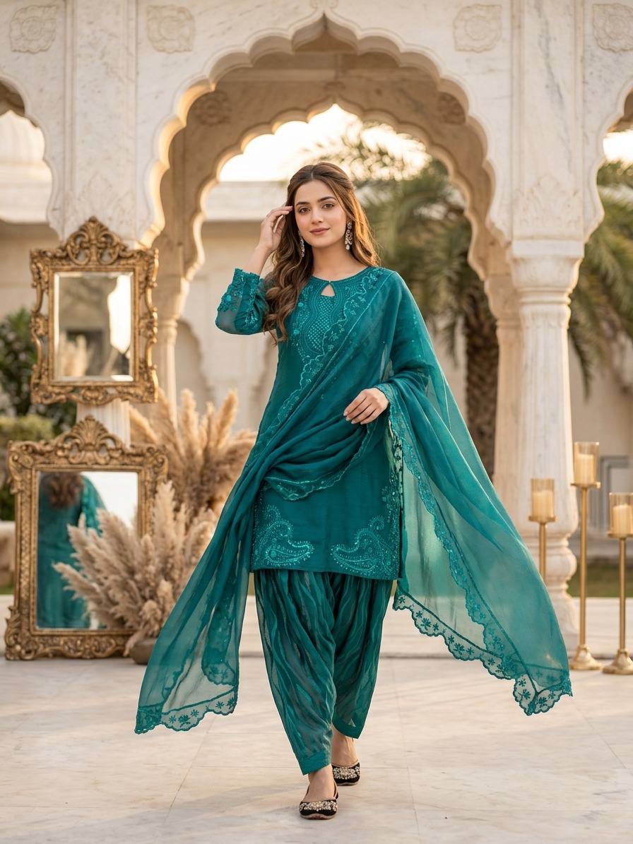 Iraaya Roman Glass Sequins Embroidered Palazzo Suit with Georgette Dupatta