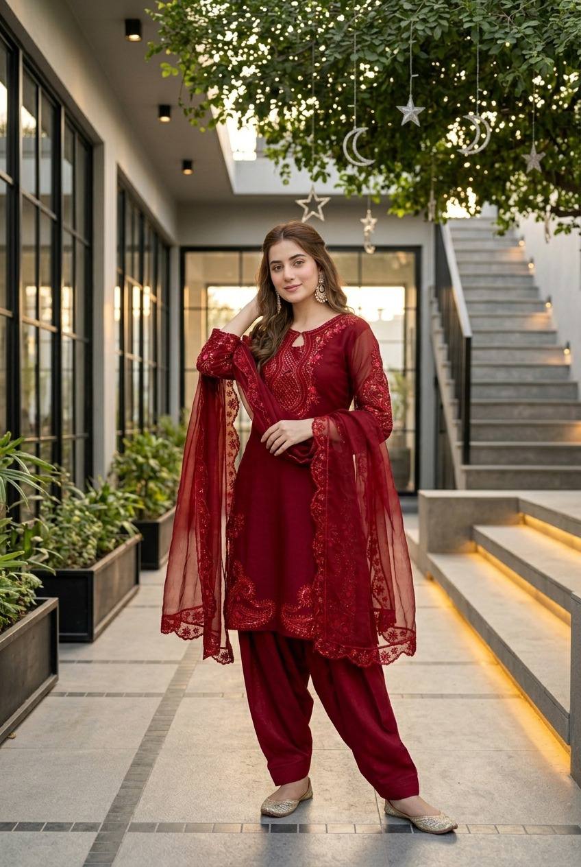 Iraaya Roman Glass Sequins Embroidered Palazzo Suit with Georgette Dupatta
