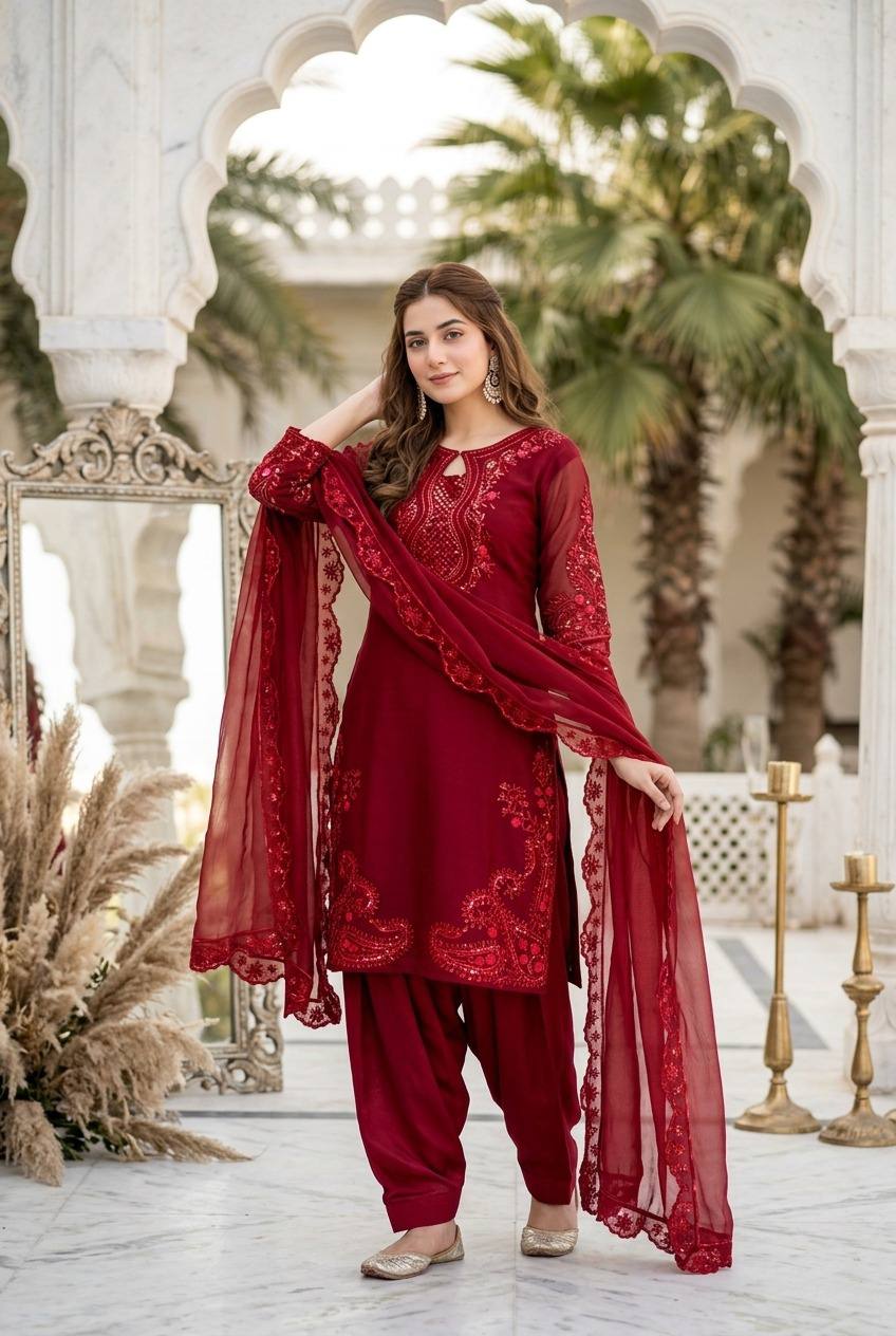 Iraaya Roman Glass Sequins Embroidered Palazzo Suit with Georgette Dupatta