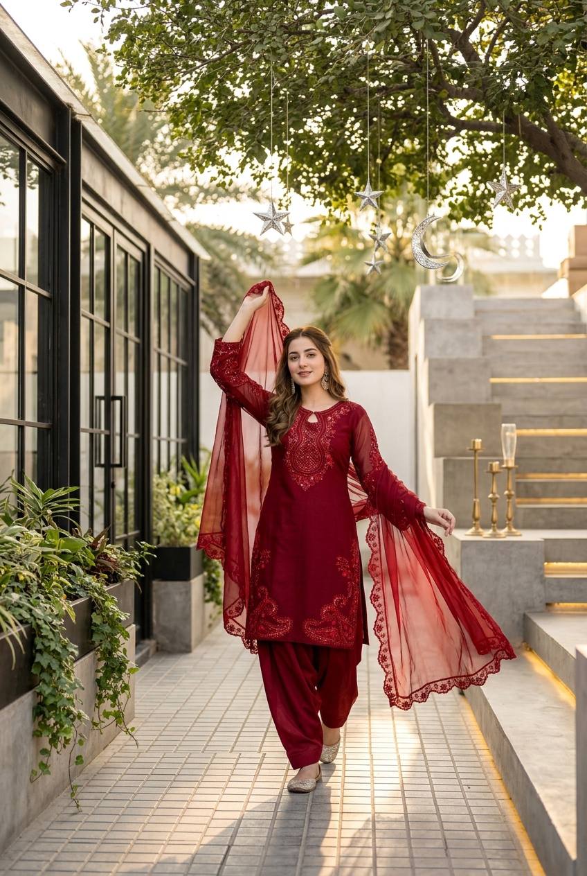 Iraaya Roman Glass Sequins Embroidered Palazzo Suit with Georgette Dupatta