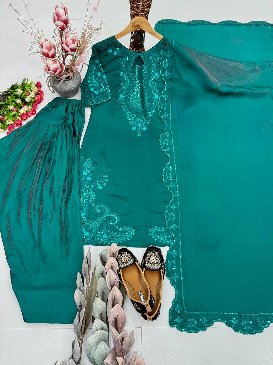 Iraaya Roman Glass Sequins Embroidered Palazzo Suit with Georgette Dupatta