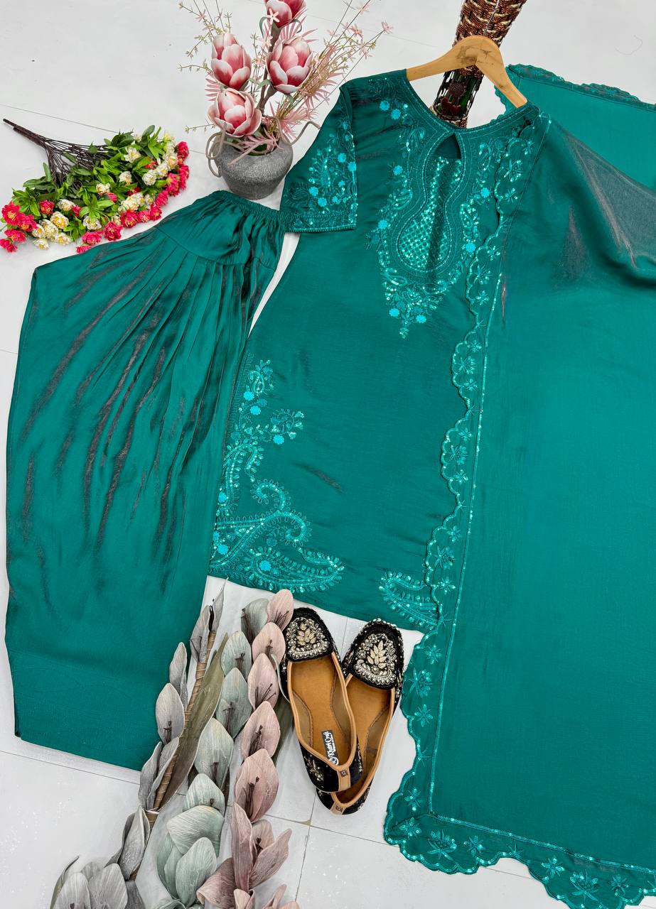 Iraaya Roman Glass Sequins Embroidered Palazzo Suit with Georgette Dupatta