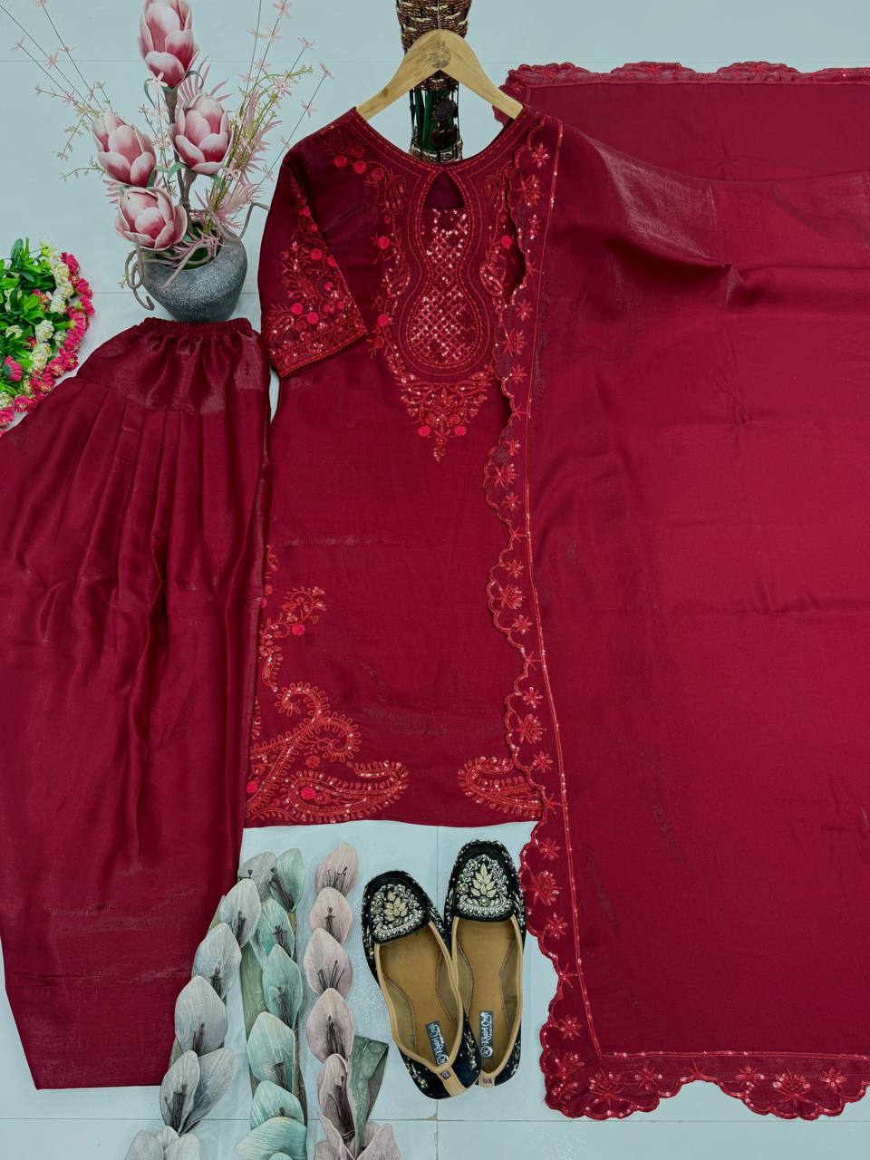 Iraaya Roman Glass Sequins Embroidered Palazzo Suit with Georgette Dupatta