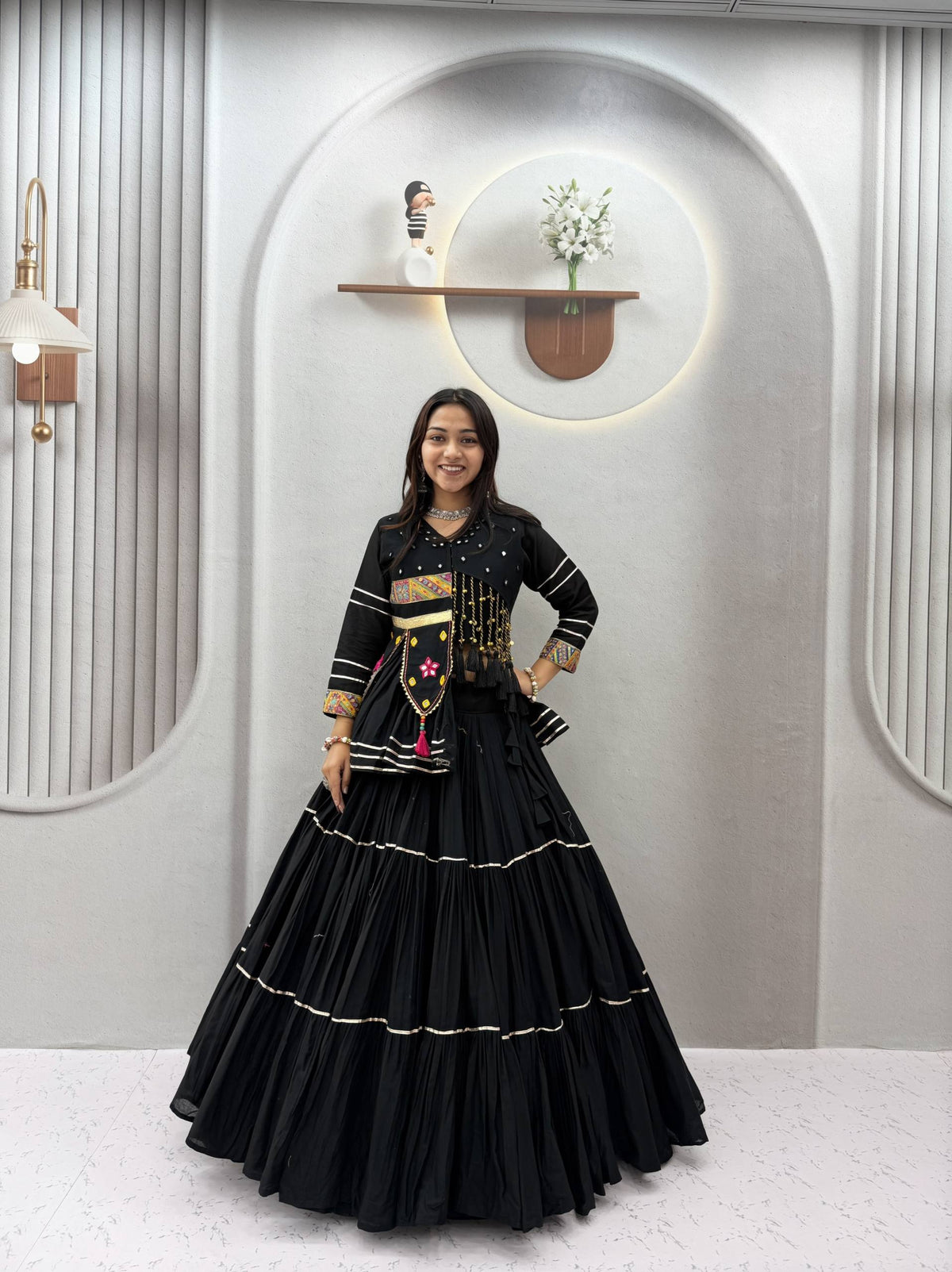 Raahi Navratri Pure Cotton Handwork Lehenga Choli with 9 Meter Flair, Designer Koti, Latkan & Ribbon Lace