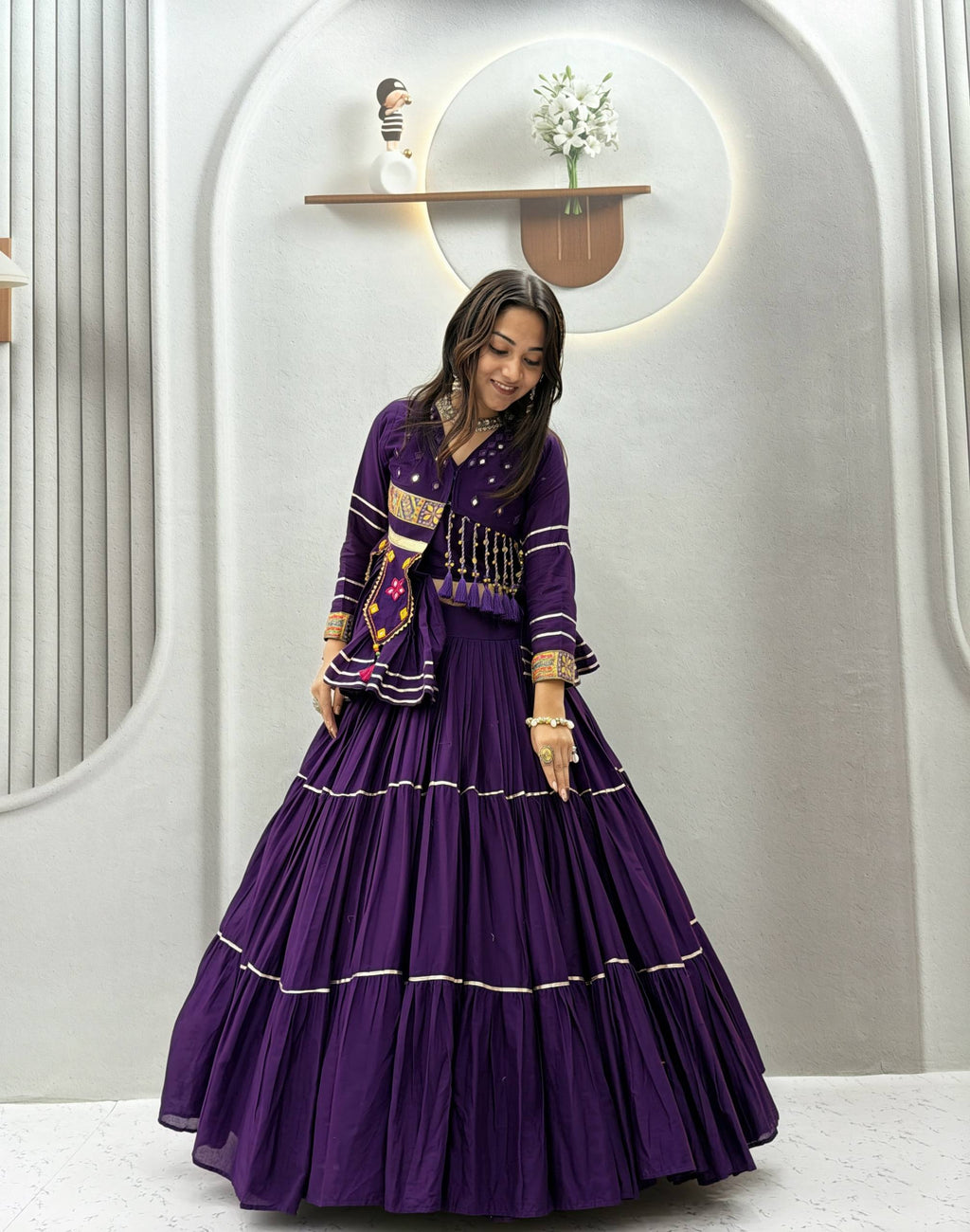Raahi Navratri Pure Cotton Handwork Lehenga Choli with 9 Meter Flair, Designer Koti, Latkan & Ribbon Lace
