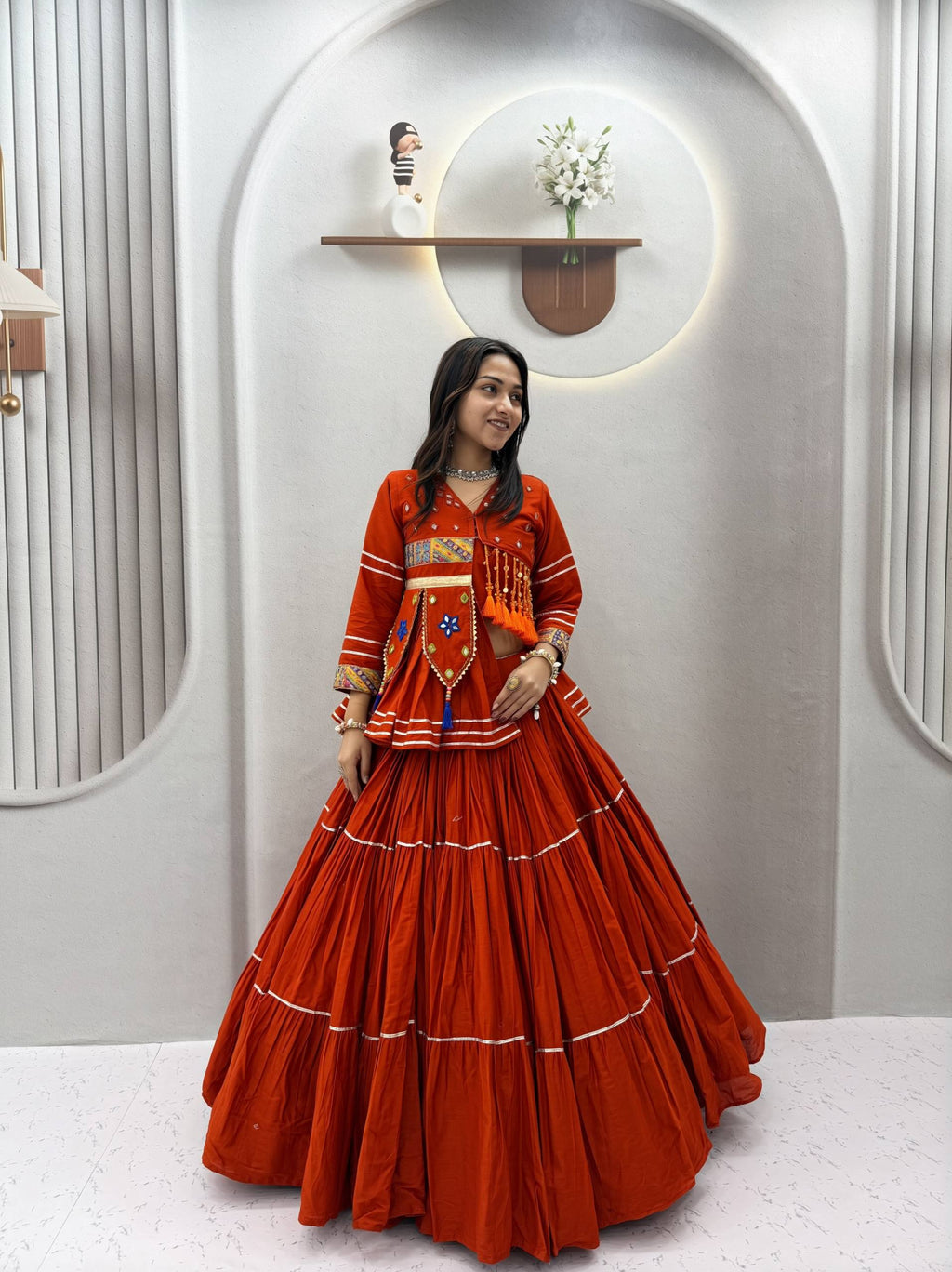 Raahi Navratri Pure Cotton Handwork Lehenga Choli with 9 Meter Flair, Designer Koti, Latkan & Ribbon Lace
